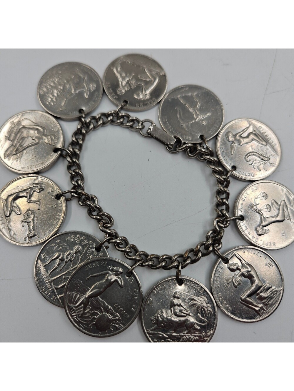 Vintage ENCO Lucky Zodiac Horoscope Charm Bracelet Astrology Silver Tone 7" READ